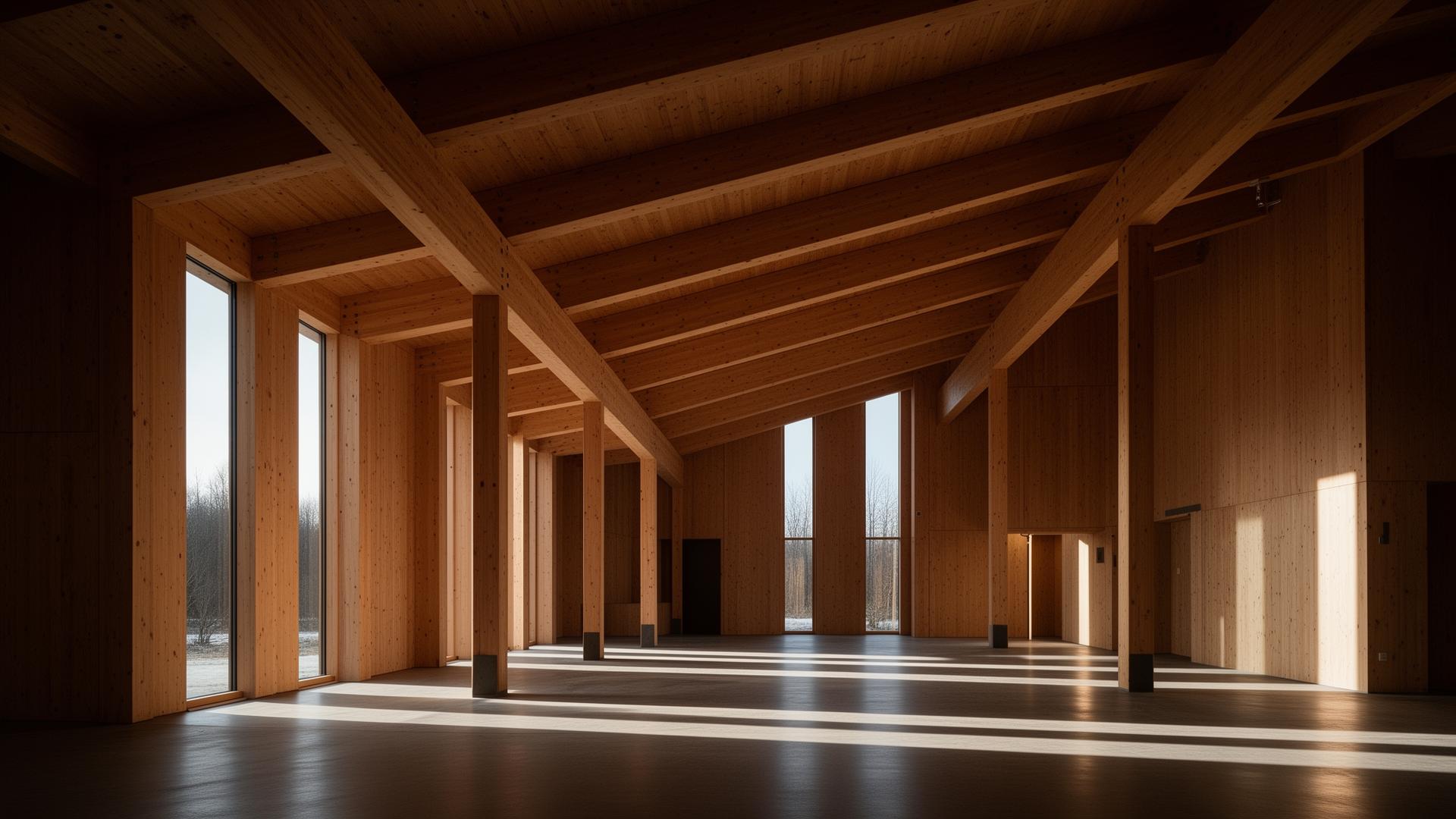 Interior de edificação em madeira engenheirada com vigas glulam expostas